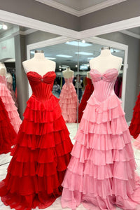 Sweetheart Pink Ruched Corset Ruffle Long Dress