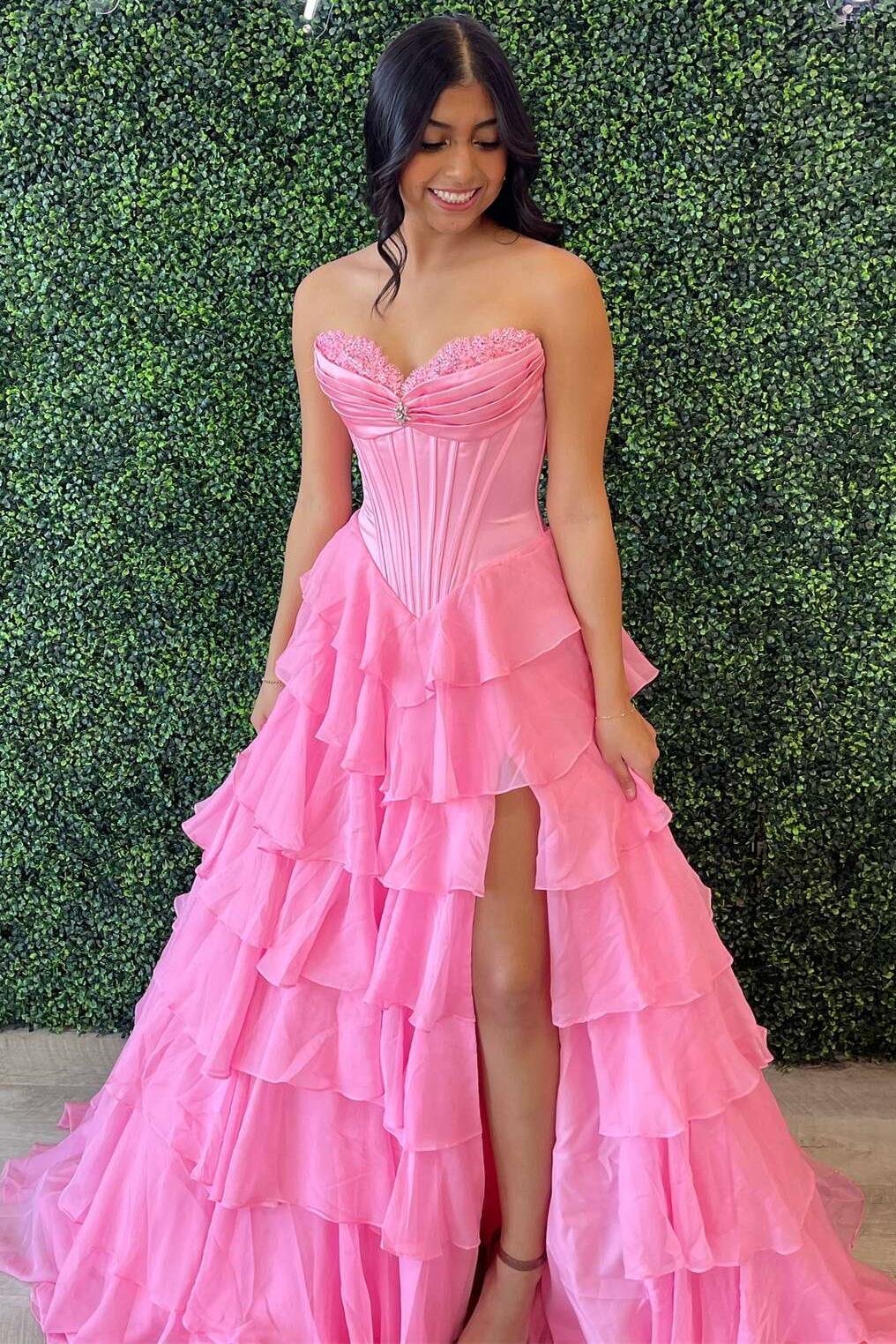 Sweetheart Pink Ruched Corset Ruffle Long Dress