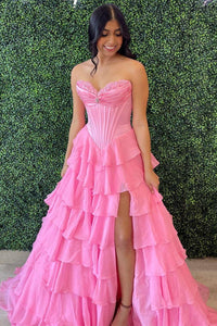 Sweetheart Pink Ruched Corset Ruffle Long Dress