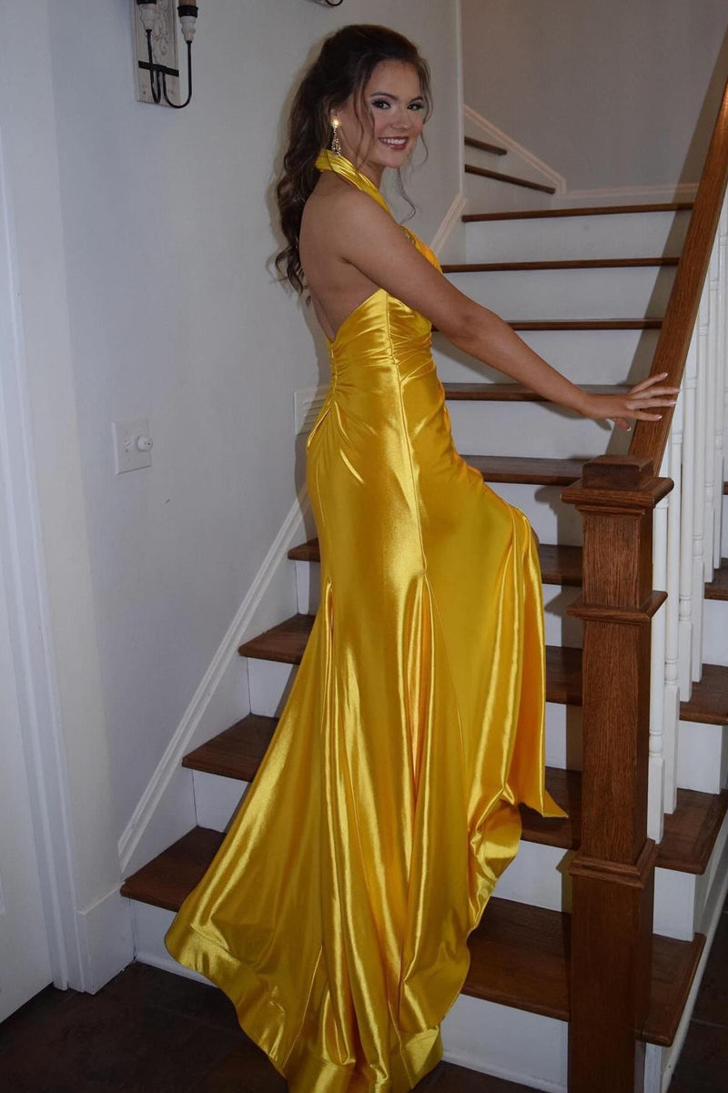 Halter Yellow Satin Ruched Long Formal Dress with Slit