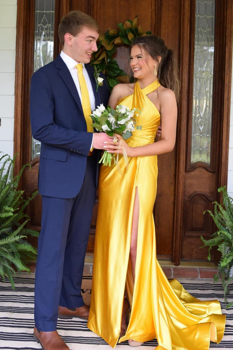Halter Yellow Satin Ruched Long Formal Dress with Slit