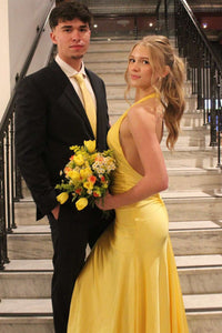 Halter Yellow Open Back Fitted Long Formal Dress