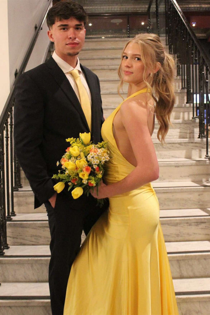 Halter Yellow Open Back Fitted Long Formal Dress