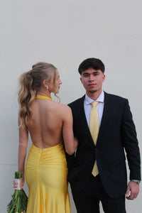 Halter Yellow Open Back Fitted Long Formal Dress