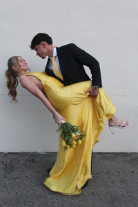 Halter Yellow Open Back Fitted Long Formal Dress