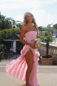 Strapless Pink Fitted Ruffle Slit Long Dress