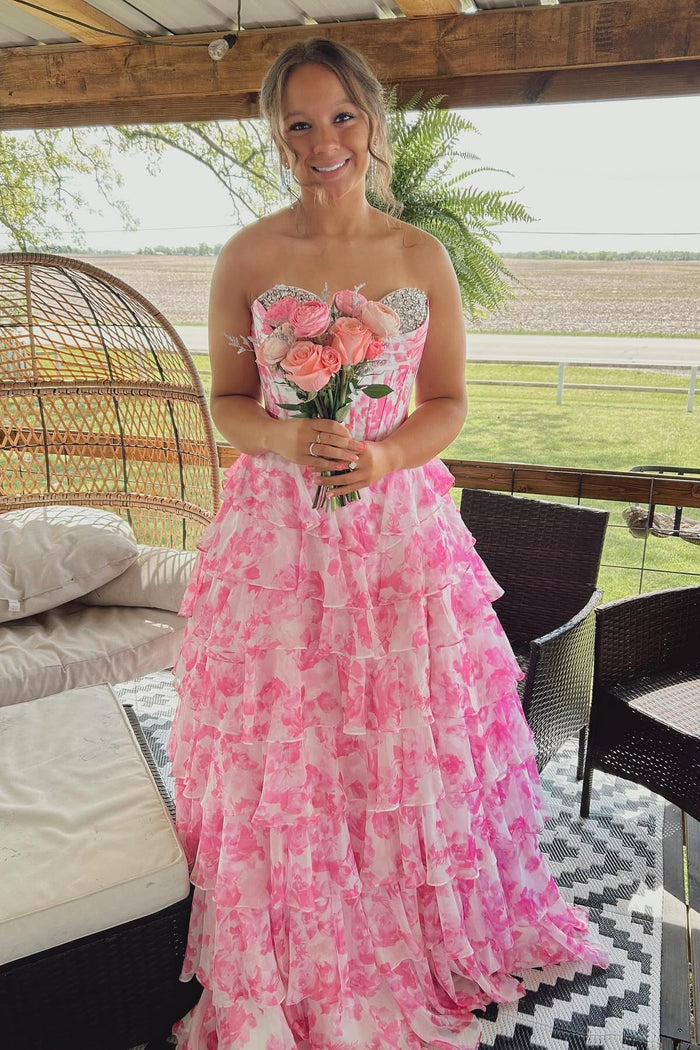 Pink Floral Beaded Sweetheart Tiered Long Formal Dress