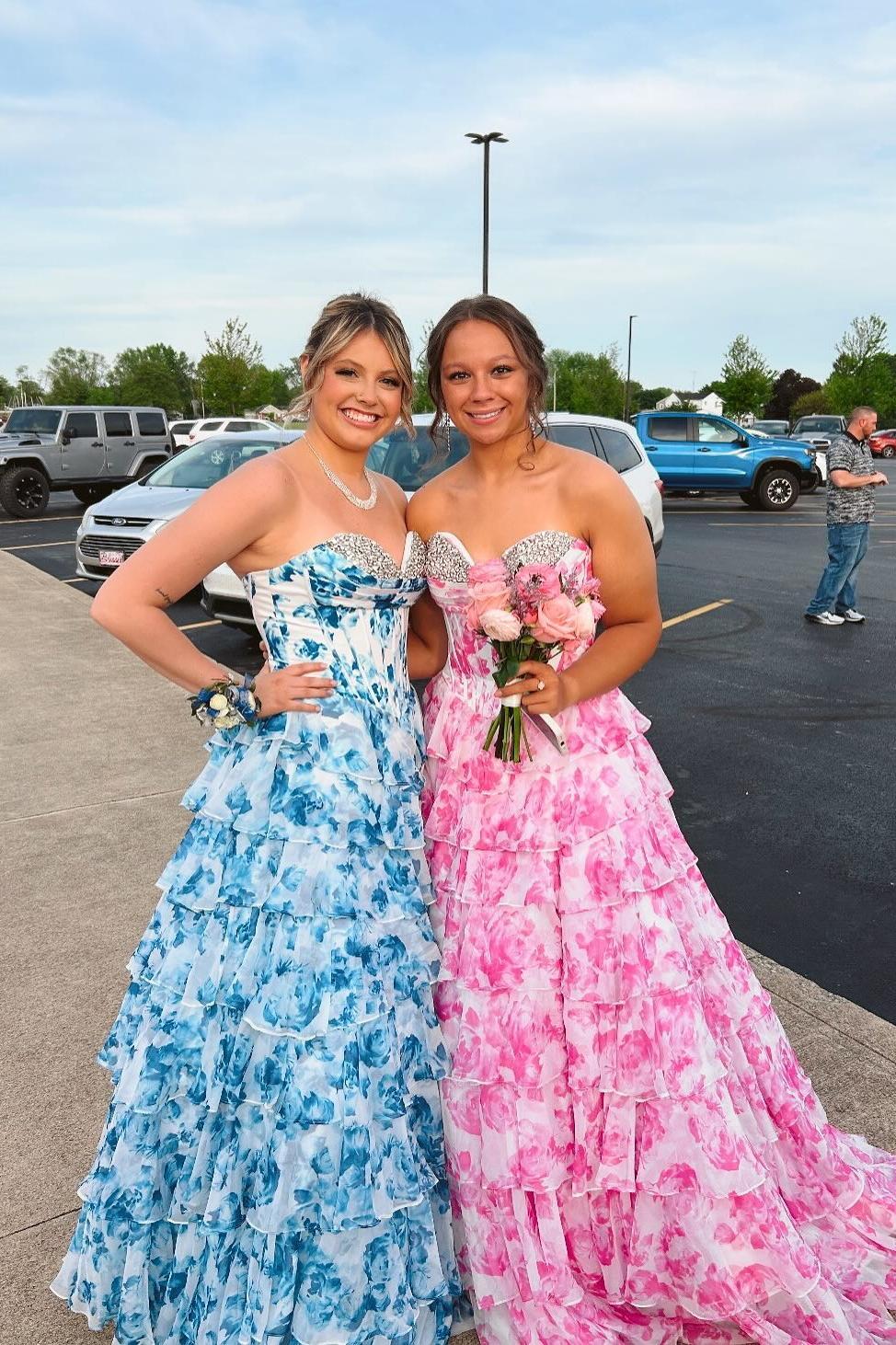 Pink Floral Beaded Sweetheart Tiered Long Formal Dress