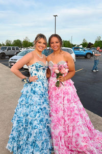 Pink Floral Beaded Sweetheart Tiered Long Formal Dress