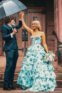 Pink Floral Beaded Sweetheart Tiered Long Formal Dress