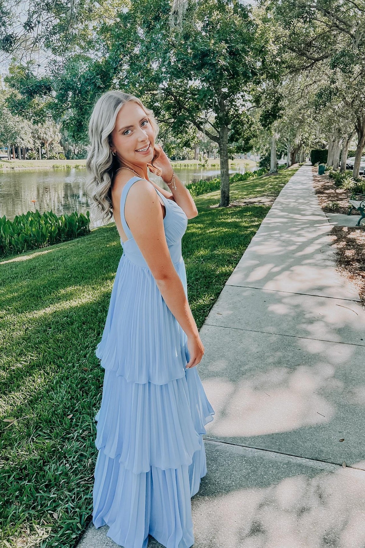 Blue Chiffon Empire Pleated A-line Long Dress