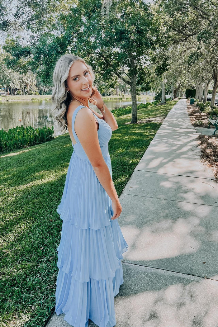 Blue Chiffon Empire Pleated A-line Long Dress