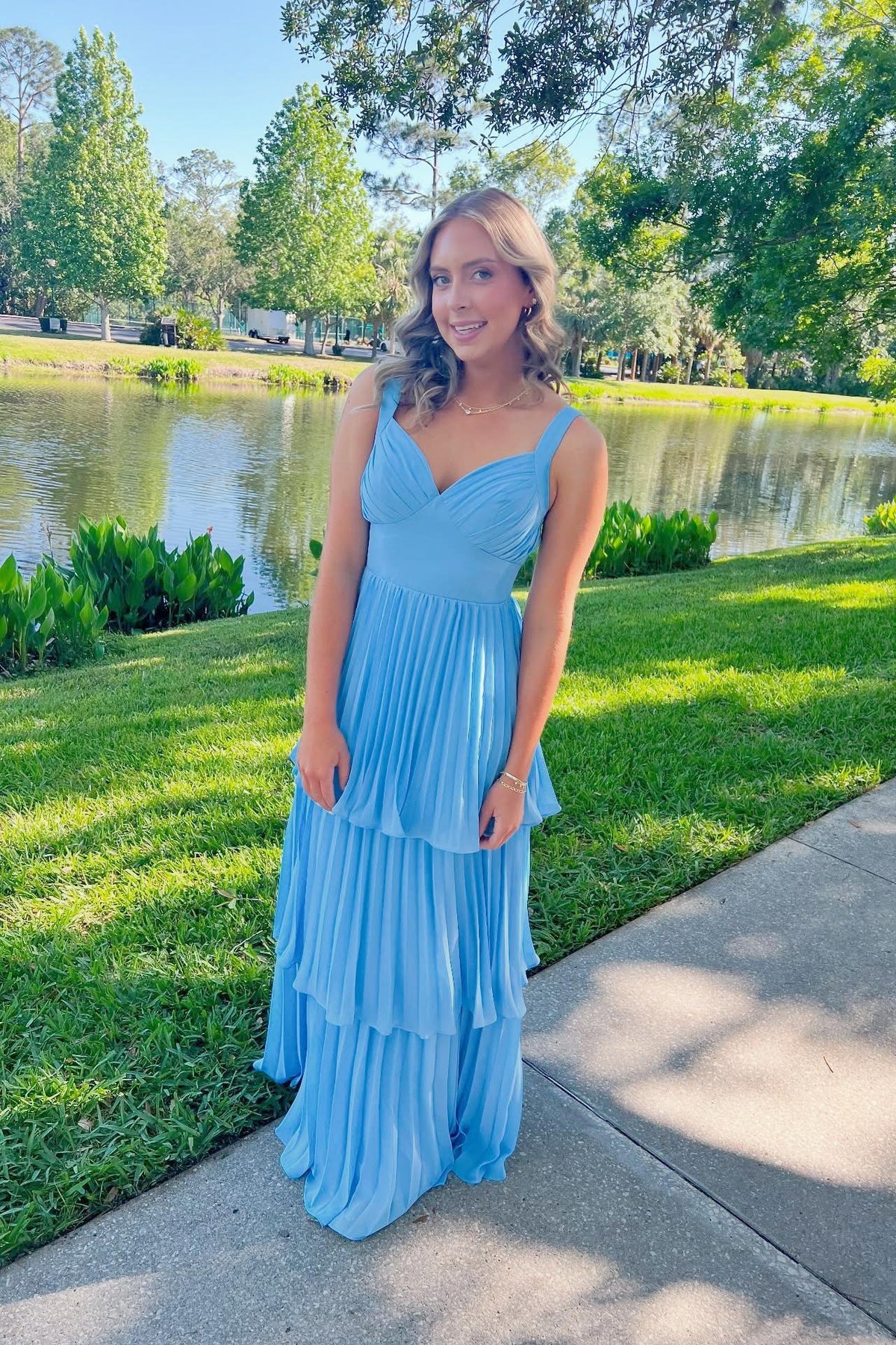 Blue Chiffon Empire Pleated A-line Long Dress