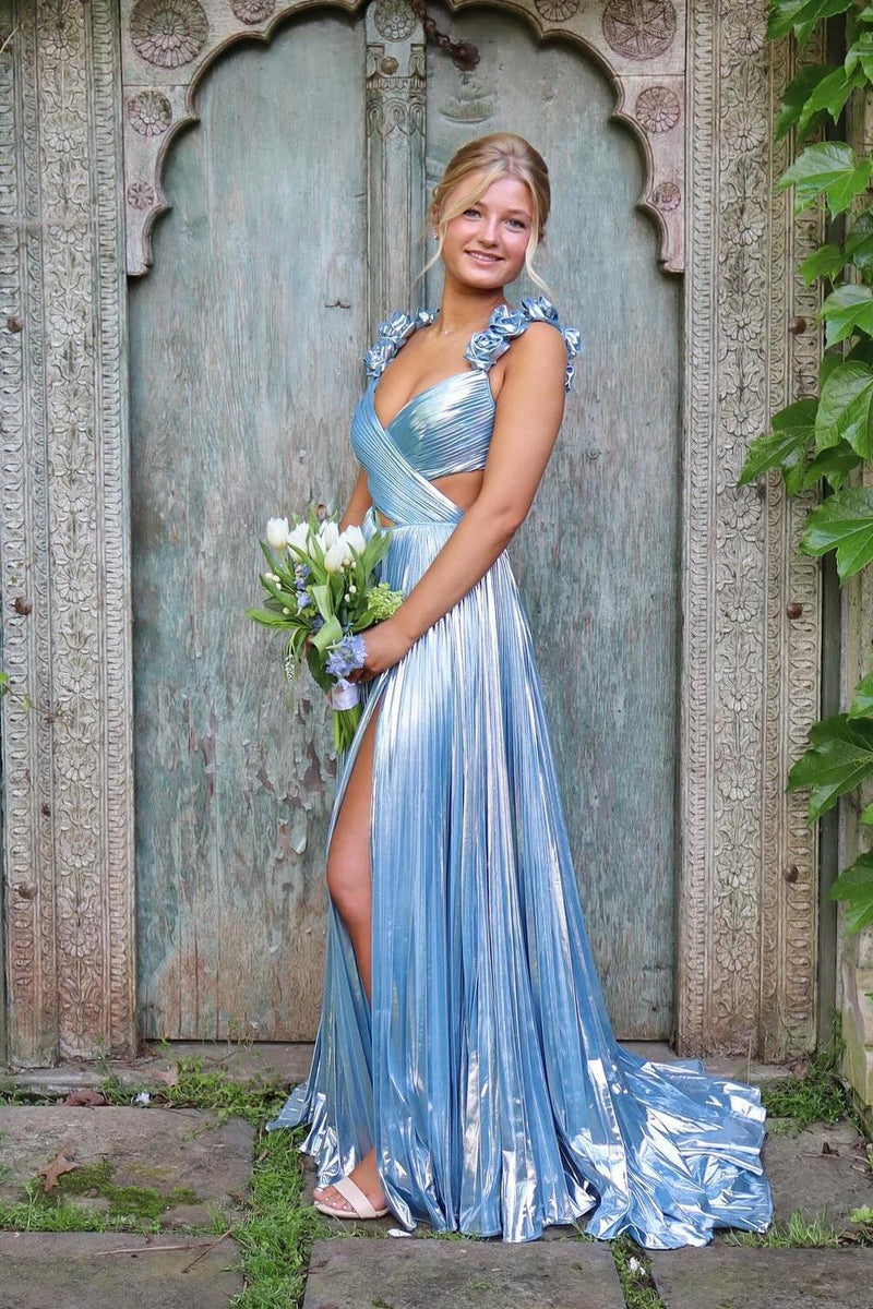 Light Blue Metallic Pleated Cutouts Long Formal Dress