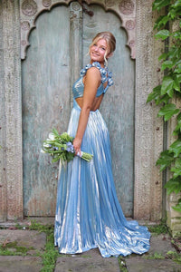 Light Blue Metallic Pleated Cutouts Long Formal Dress