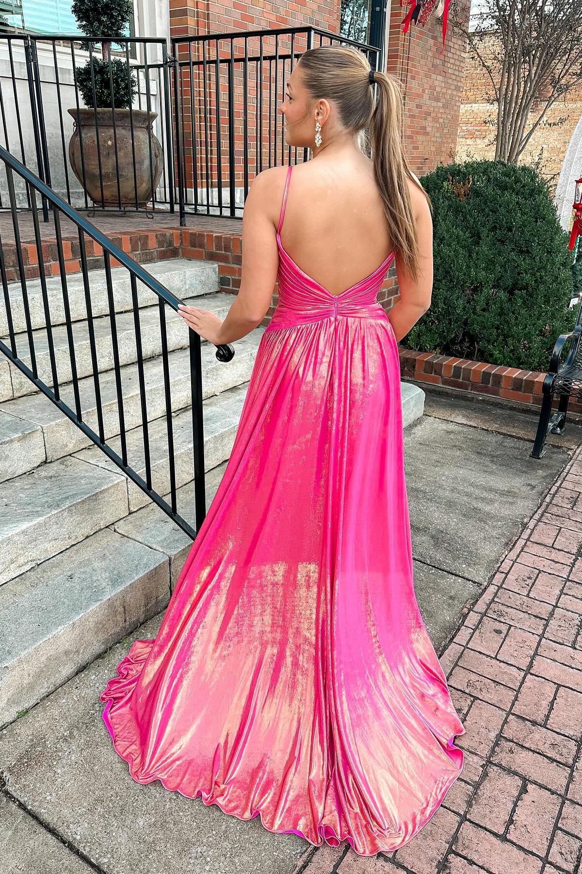 Straps Fuchsia Metallic Twist Pleated Long Dress