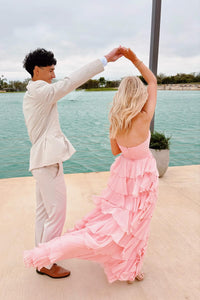 Strapless Pink Tiered Rosette Keyhole A-line Formal Dress