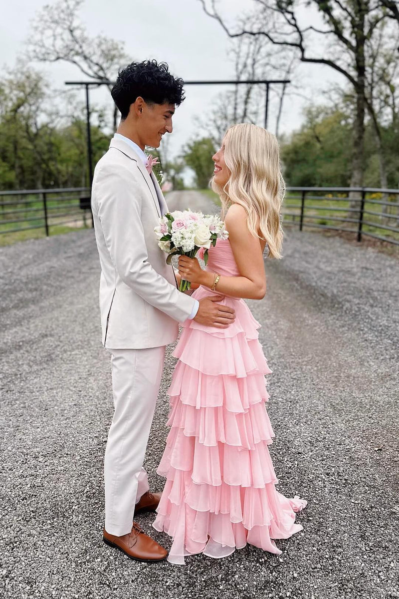 Strapless Pink Tiered Rosette Keyhole A-line Formal Dress