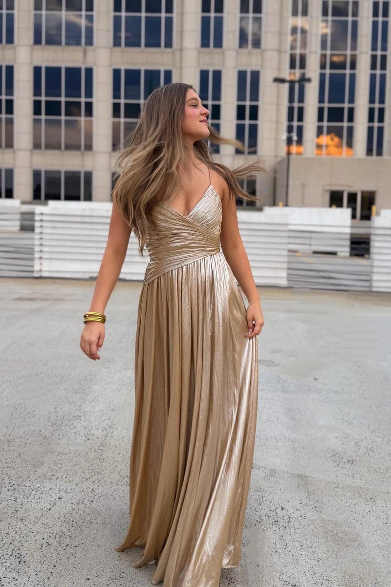 Spaghetti Straps Champagne Metallic Pleated Long Party Dress