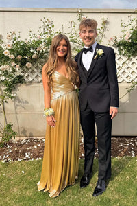 Spaghetti Straps Champagne Metallic Pleated Long Party Dress