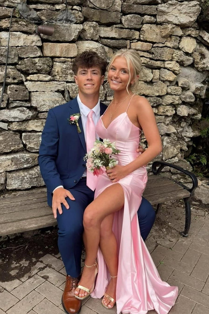 Straps Pink Satin V Neck Mermaid Long Formal Dress