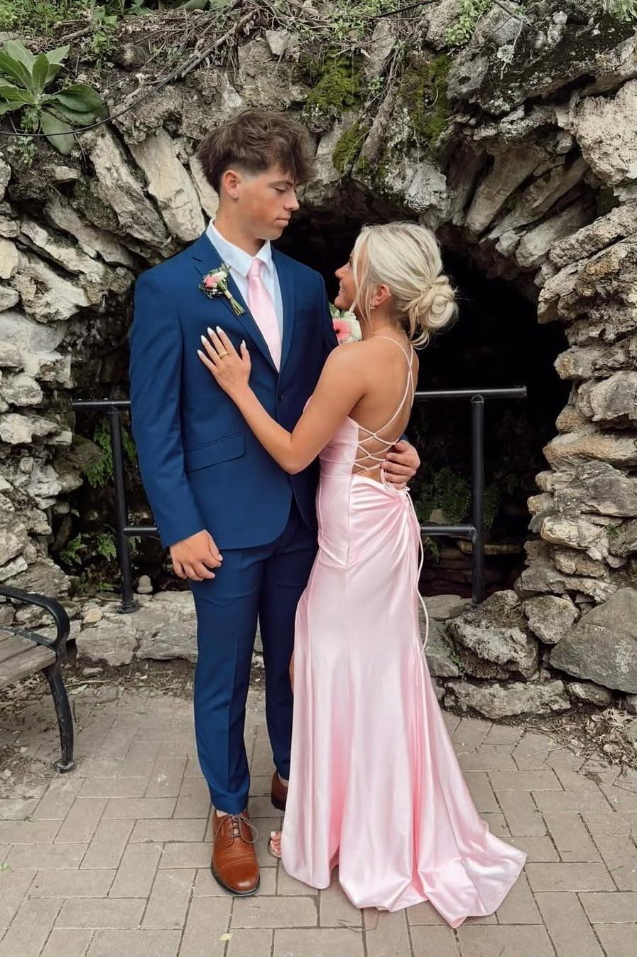 Straps Pink Satin V Neck Mermaid Long Formal Dress