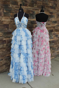 Halter Pink Floral Pearls Long Ruffle Dress