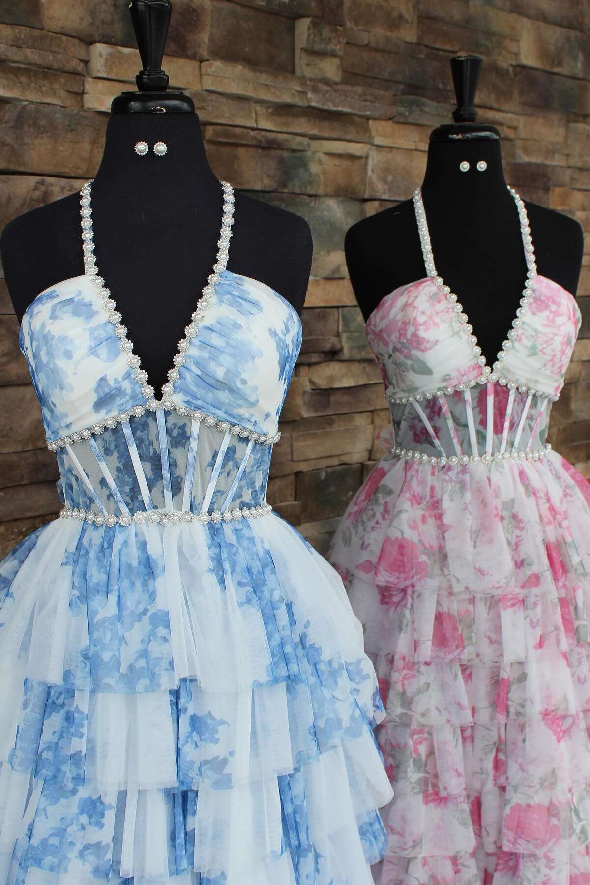 Halter Pink Floral Pearls Long Ruffle Dress