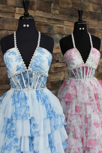 Halter Pink Floral Pearls Long Ruffle Dress