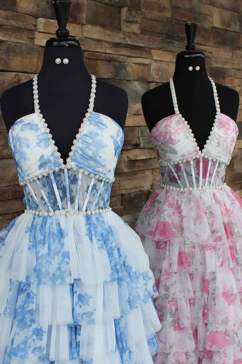 Halter Pink Floral Pearls Long Ruffle Dress