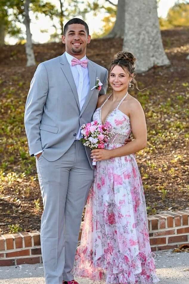 Halter Pink Floral Pearls Long Ruffle Dress