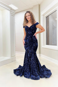 Off the Shoulder Royal blue Sequin Mermaid Long Prom Dress