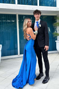 V Neck Royal Blue Mermaid Formal Dress with Train
