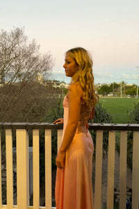 Double Straps Peach Ruched Long Dress with Slit