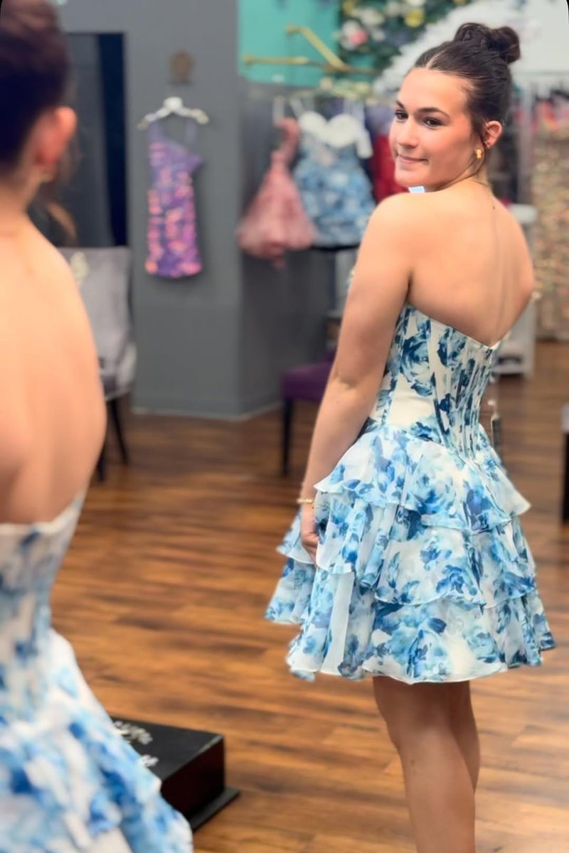 Beaded Blue Floral Sweetheart Short Ruffle Dress