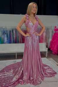 Pink Pleated Metallic Long Dress with Rosette