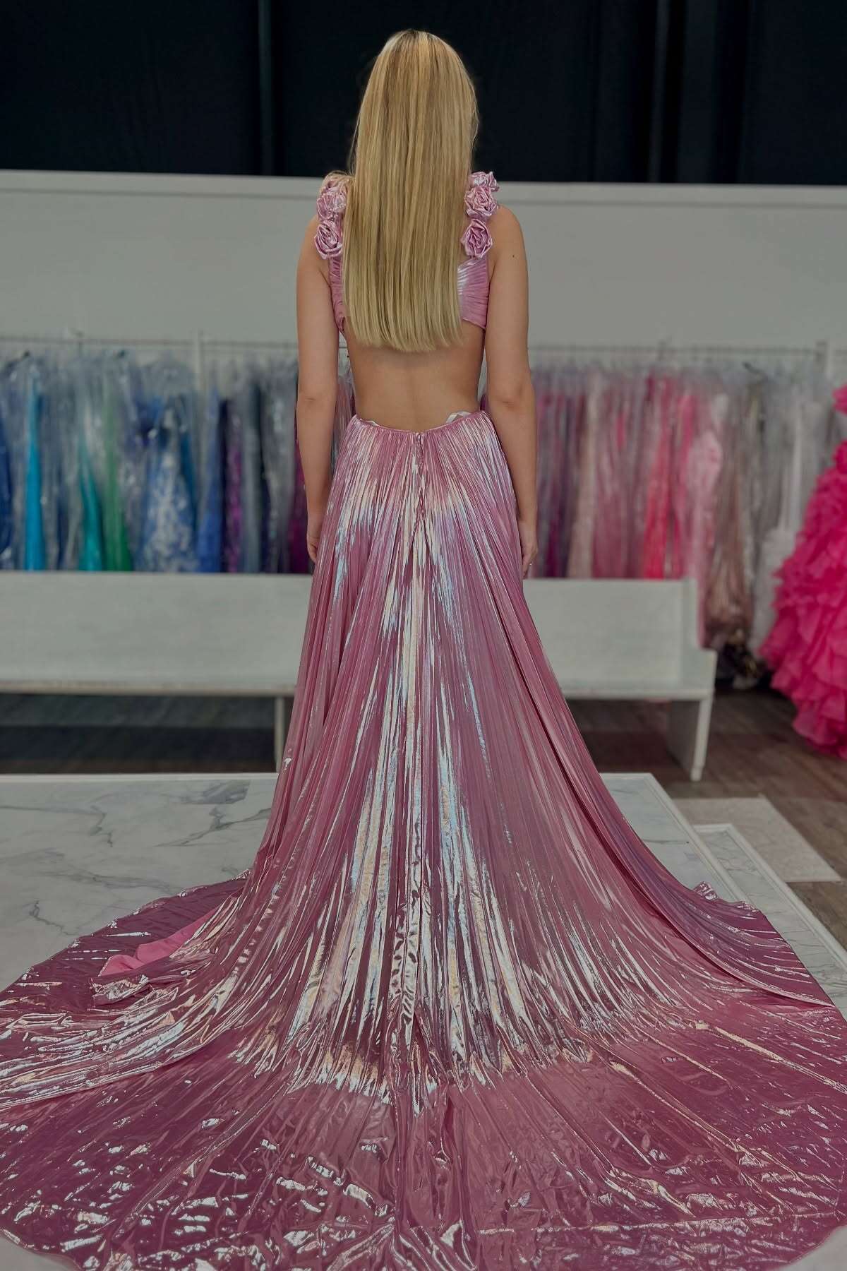 Pink Pleated Metallic Long Dress with Rosette