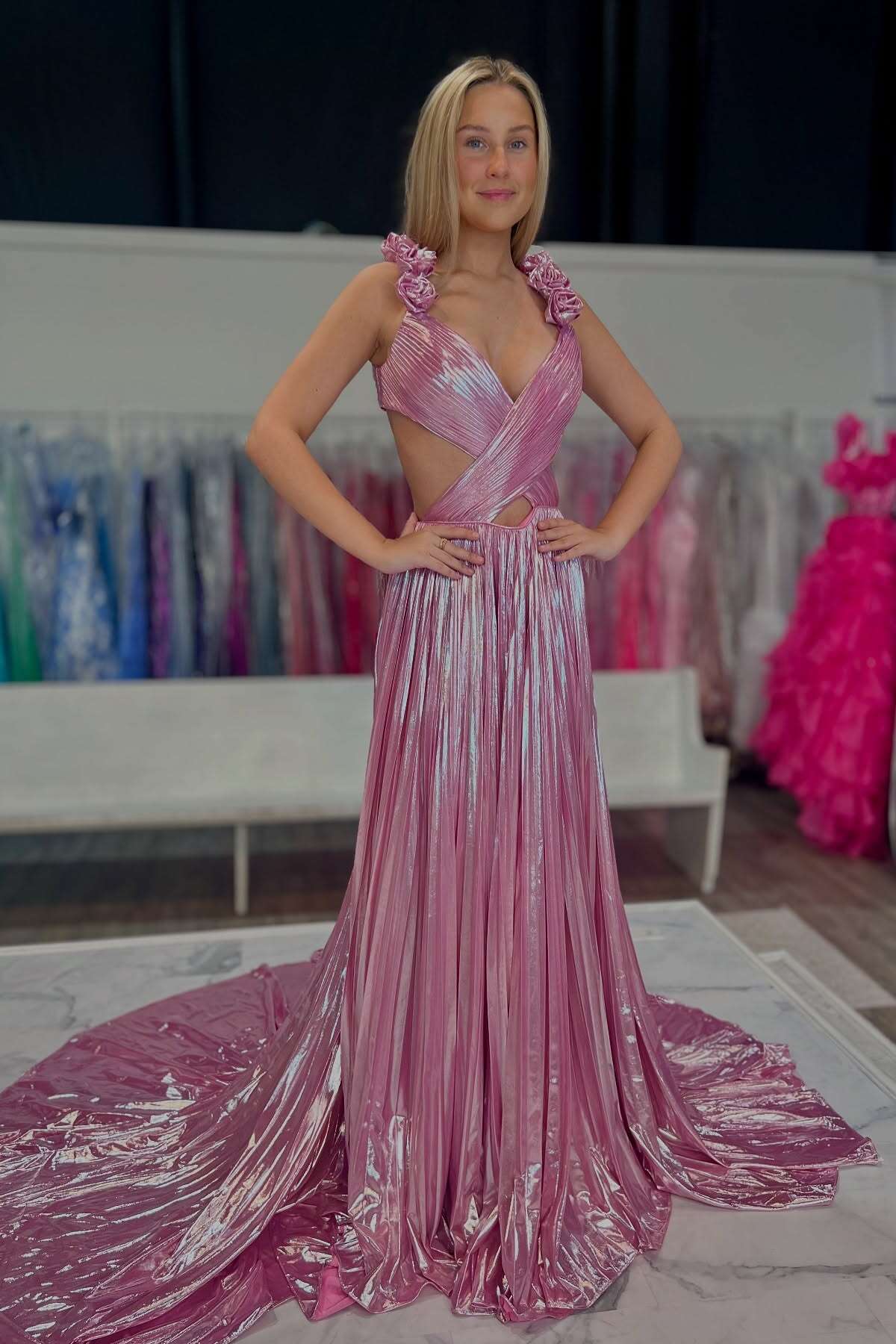 Pink Pleated Metallic Long Dress with Rosette