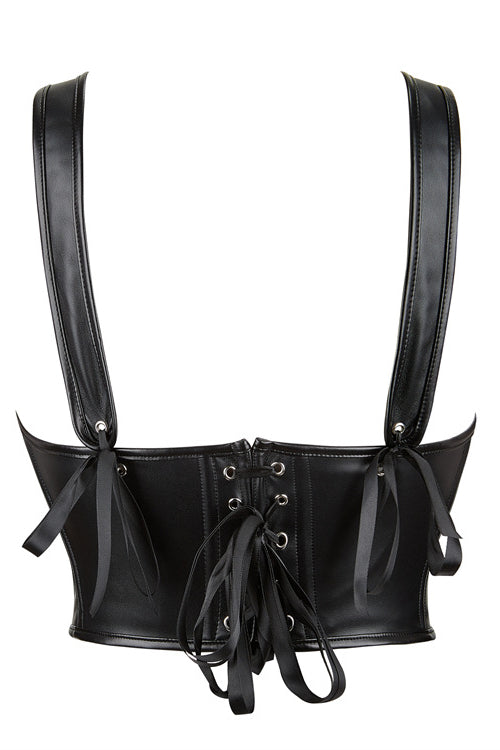 Black PU Leather Lace-Up Retro U Neck Bustier Corset Top