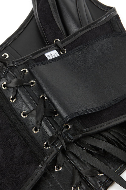 Black PU Leather Lace-Up Retro U Neck Bustier Corset Top