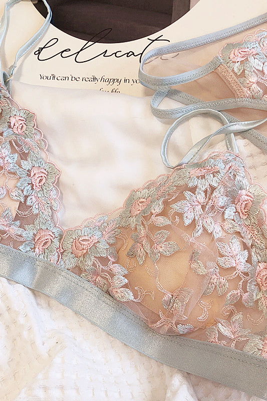 Aqua Blue Floral Embroidery Lingerie