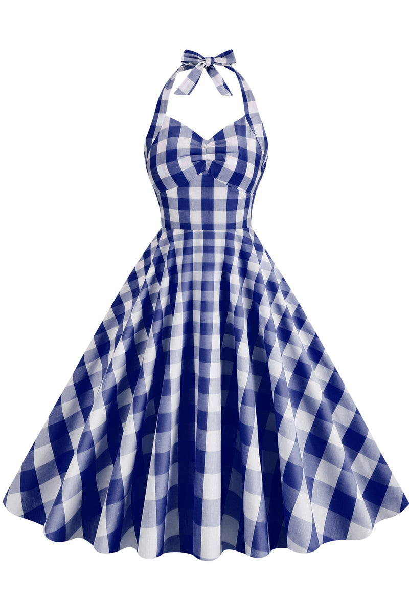 Herbene Blue Plaid Bow Tie Halter Dress