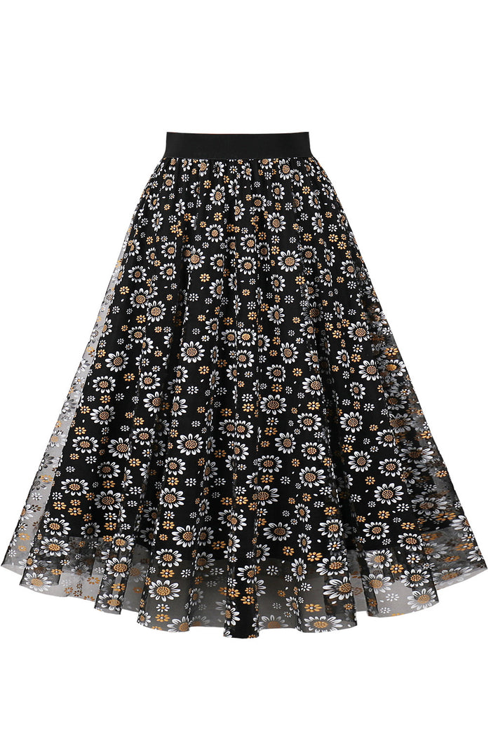 Black Floral A-line Skirt