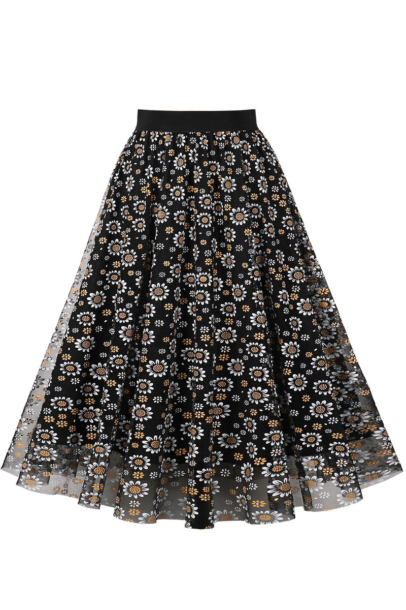 Black Floral A-line Skirt