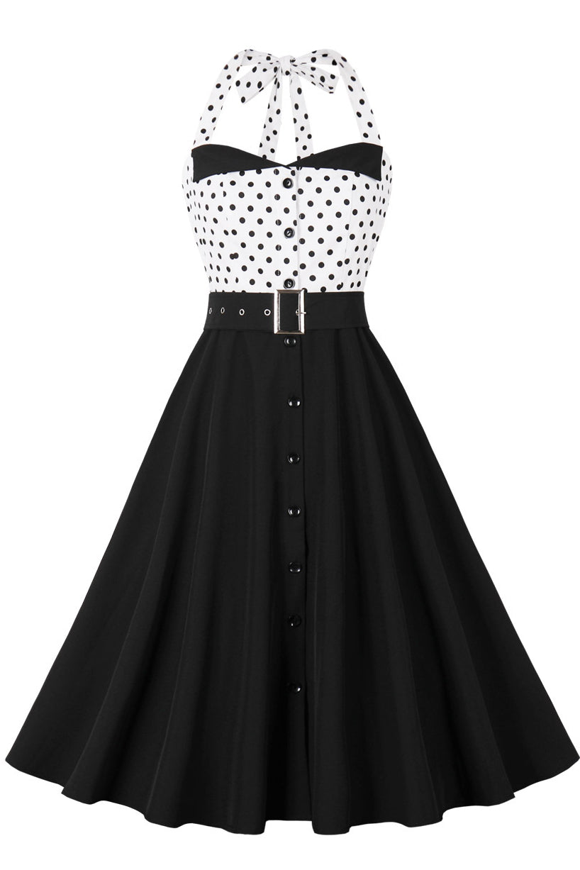 Black Dotted Top Halter A-line Vintage Dress
