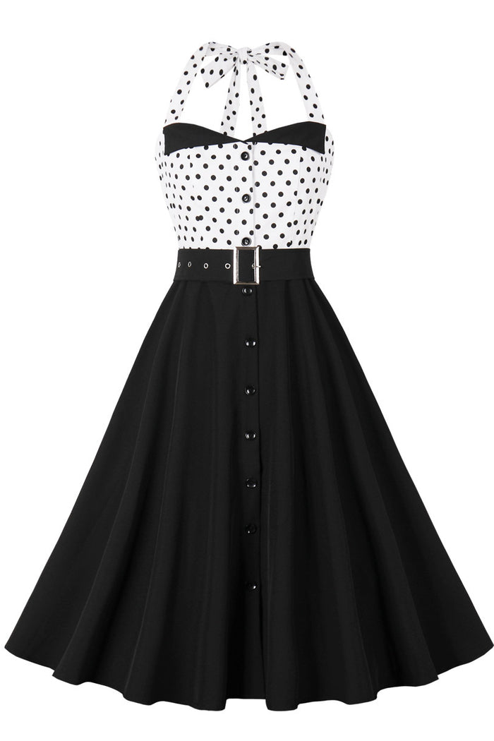 Black Dotted Top Halter A-line Vintage Dress