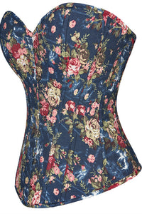 Dark Blue Floral Boned Strapless Lace-Up Bustier Corset Top