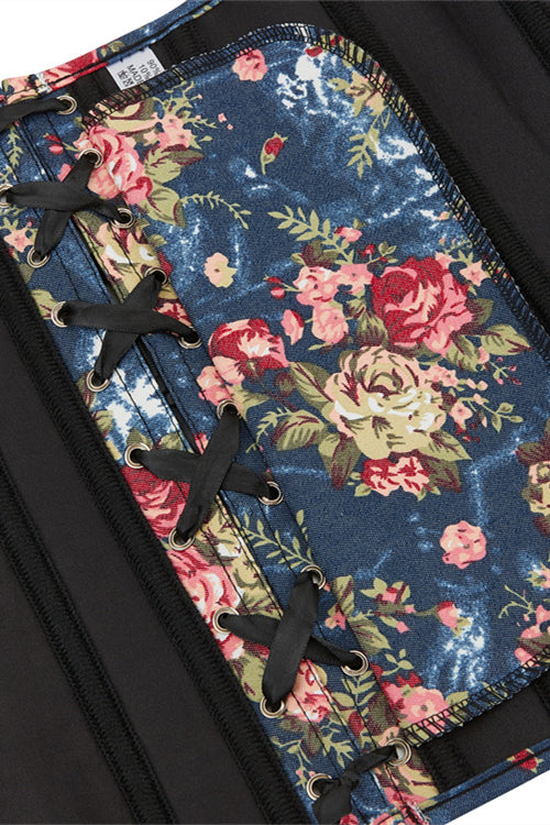 Dark Blue Floral Boned Strapless Lace-Up Bustier Corset Top