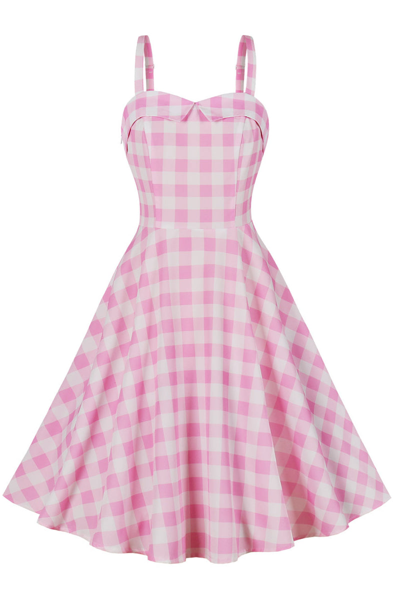Pink Plaid A-line Folded Neck Slip Vintage Dress