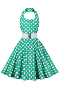 Green Halter Red Dot A-line Vintage Dress